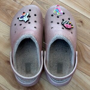 CROCS Kids Sparkly Pink Slippers with Fun Charms